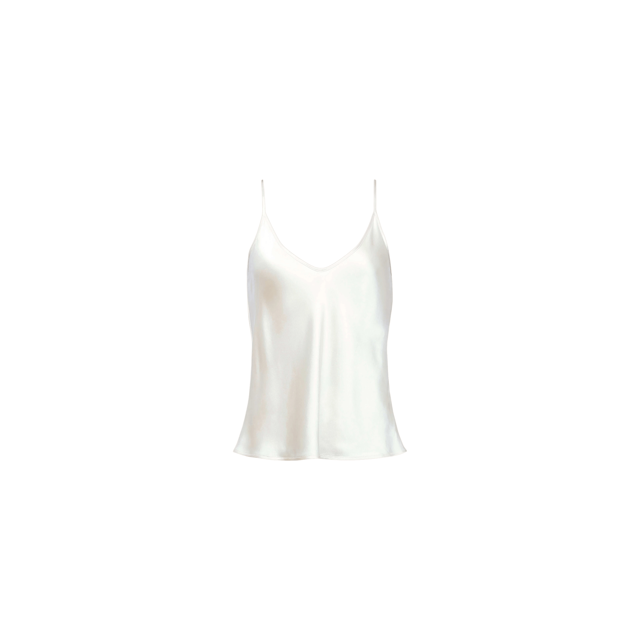 The Lexi Silk Camisole features a plain white design with adjustable spaghetti straps and a V-neckline, displayed against a light gray background.