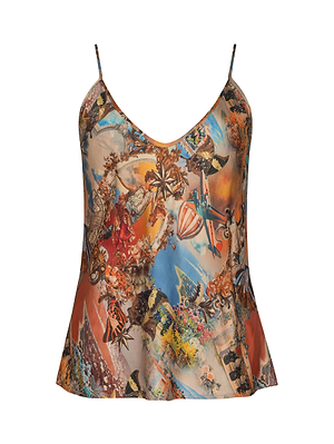 The Lexi Satin Camisole features a sleeveless, V-neck bias-cut silhouette with adjustable straps and showcases an artistic travel postcard print in vintage-style orange, blue, and brown motifs.