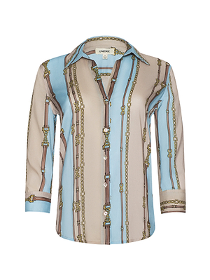 The Camille Blouse is a viscose twill shirt with three-quarter sleeves and a collar, showcasing a beige and light blue vertical striped belt print with gold chain and belt accents.