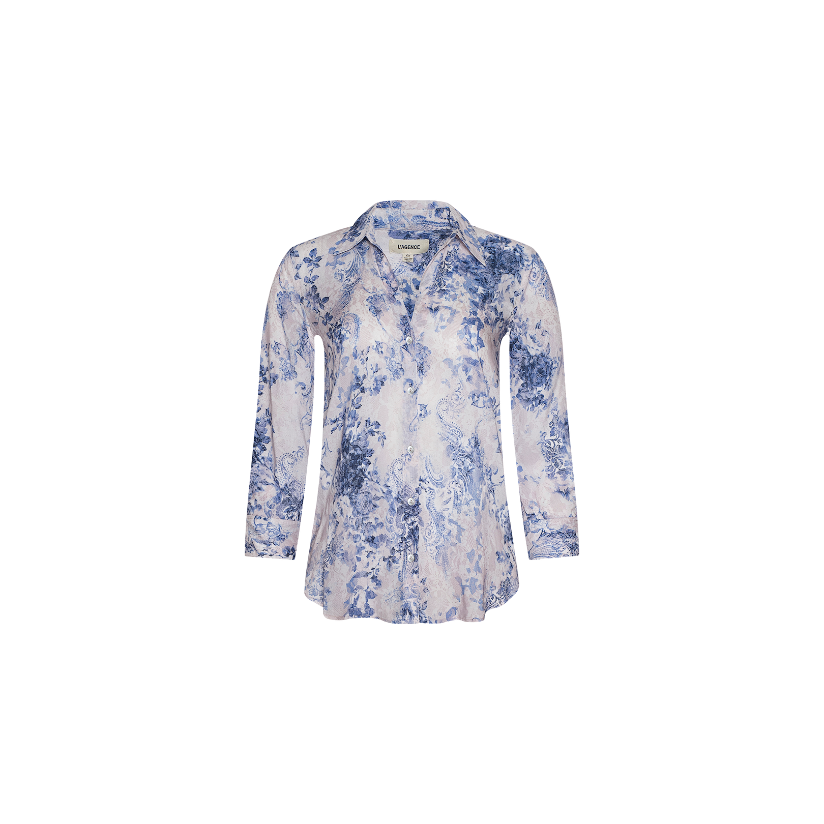 Introducing the Camille Blouse – a sophisticated ivory and blue lace print blouse crafted from soft viscose twill. Featuring a refined floral motif set against a light background, this piece is designed with a classic collar and elegant three-quarter sleeves. Shown here on a plain white surface.