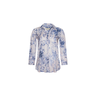 Introducing the Camille Blouse – a sophisticated ivory and blue lace print blouse crafted from soft viscose twill. Featuring a refined floral motif set against a light background, this piece is designed with a classic collar and elegant three-quarter sleeves. Shown here on a plain white surface.