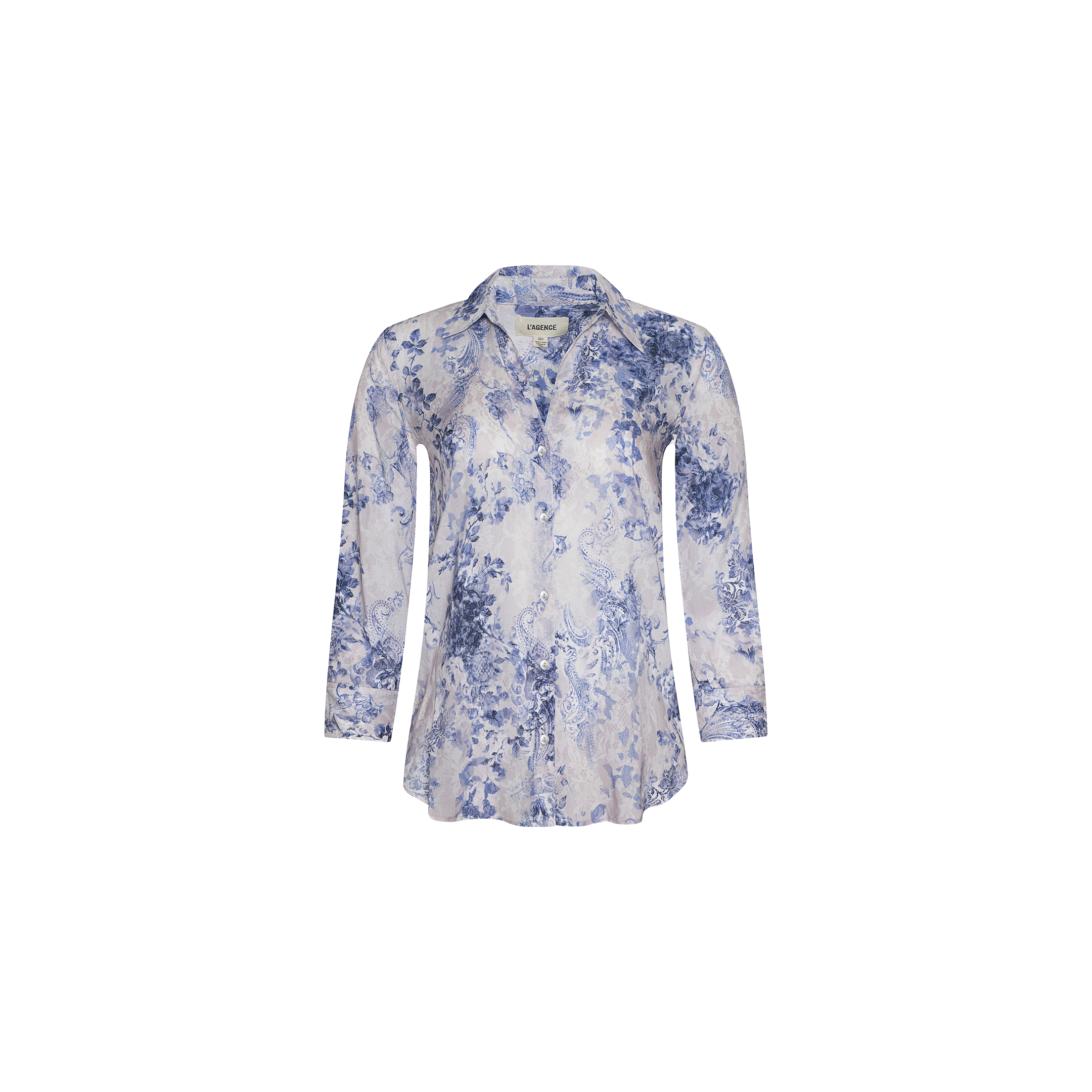 Introducing the Camille Blouse – a sophisticated ivory and blue lace print blouse crafted from soft viscose twill. Featuring a refined floral motif set against a light background, this piece is designed with a classic collar and elegant three-quarter sleeves. Shown here on a plain white surface.