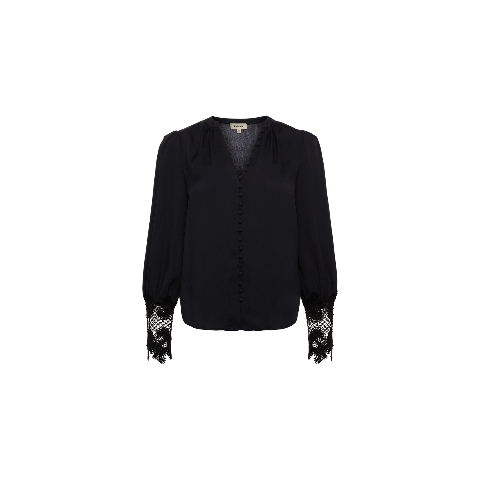 The Ava Blouse is a vintage-inspired black blouse featuring long sleeves, fabric-covered buttons down the front, and delicate guipure lace detailing at the cuffs, displayed on a plain white background.