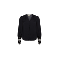 The Ava Blouse is a vintage-inspired black blouse featuring long sleeves, fabric-covered buttons down the front, and delicate guipure lace detailing at the cuffs, displayed on a plain white background.