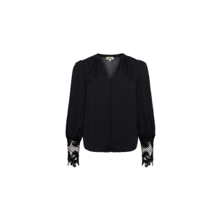 The Ava Blouse is a vintage-inspired black blouse with long sleeves, a v-neckline, button-down front, and scalloped lace detailing on the cuffs, displayed against a plain white background.