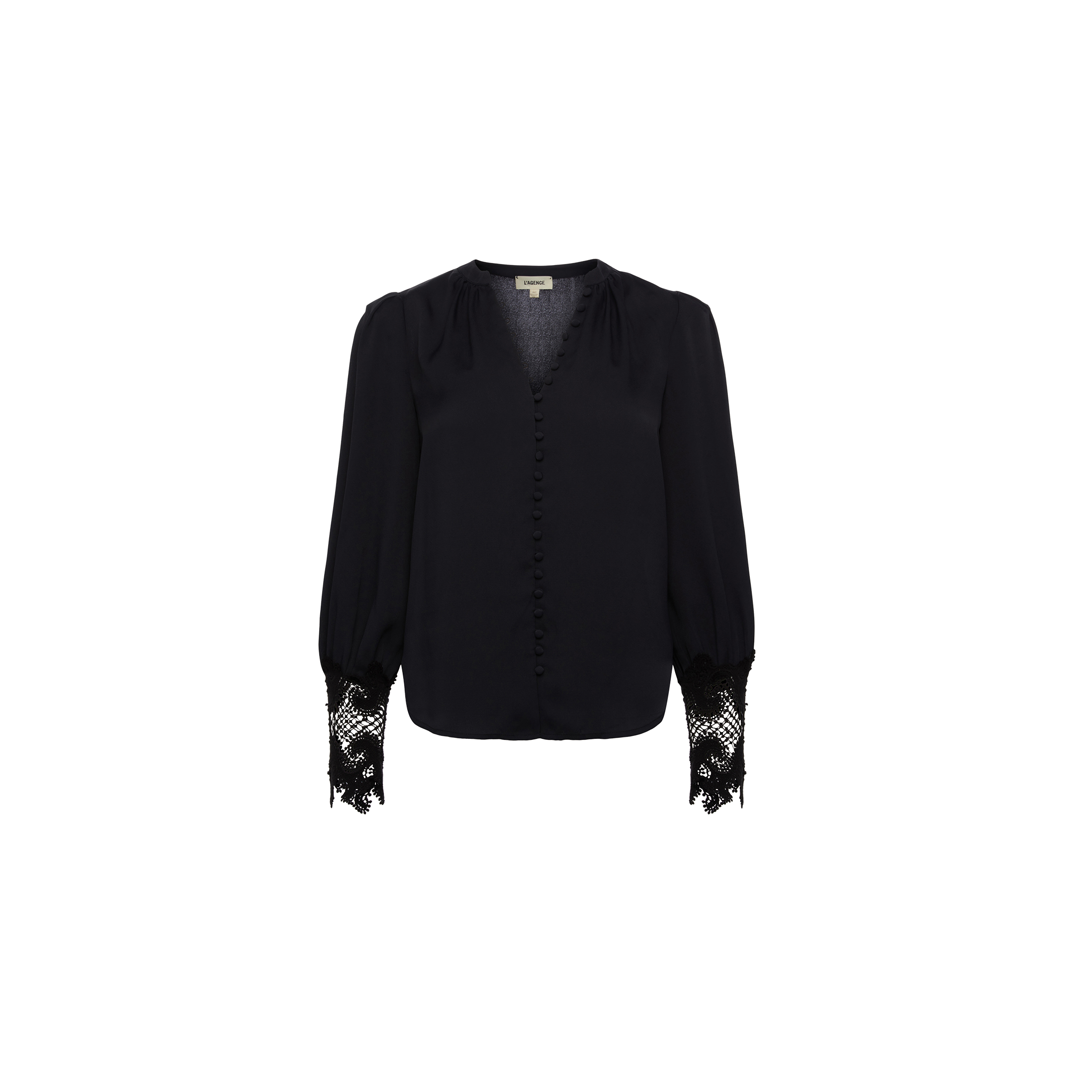 The Ava Blouse is a vintage-inspired black blouse featuring long sleeves, fabric-covered buttons down the front, and delicate guipure lace detailing at the cuffs, displayed on a plain white background.