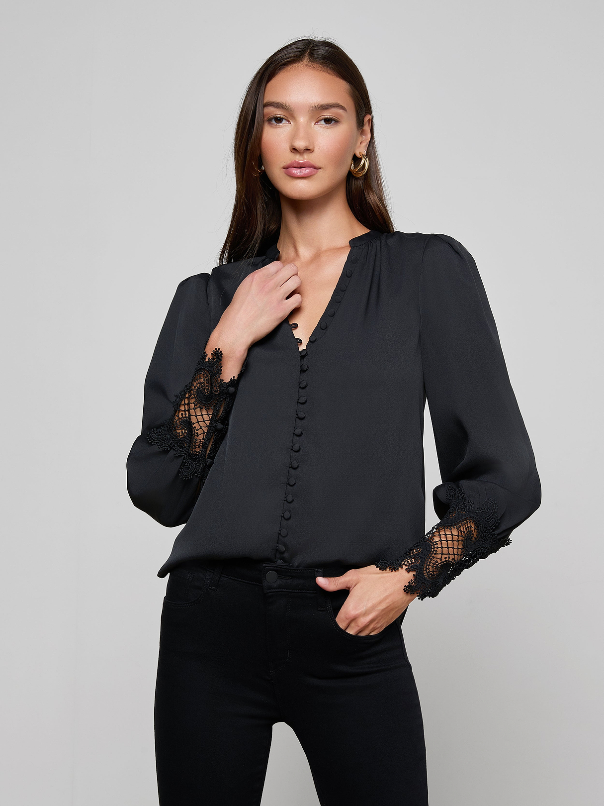 Ava Lace Cuff Blouse in Black | L'AGENCE