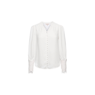 Ava Blouse in ivory, featuring fabric-covered buttons down the front and vintage-inspired scalloped guipure lace detailing on the cuffs, displayed on a plain white background.