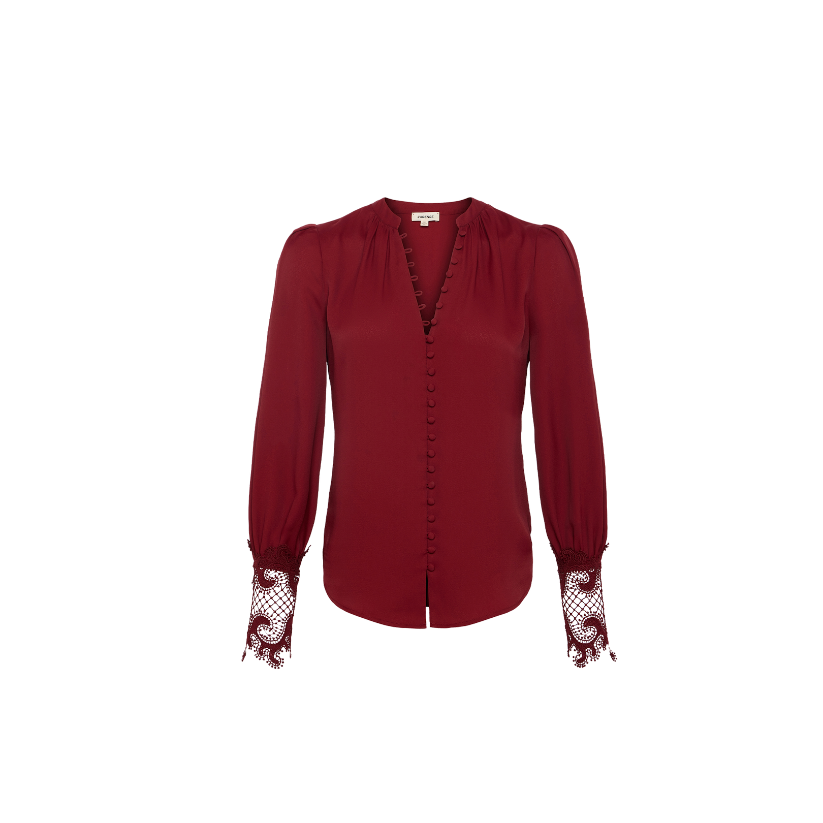 The Ava Blouse is a long-sleeve, deep red, vintage-inspired top featuring fabric-covered buttons down the front and guipure lace detailing at the cuffs, shown against a plain white background.