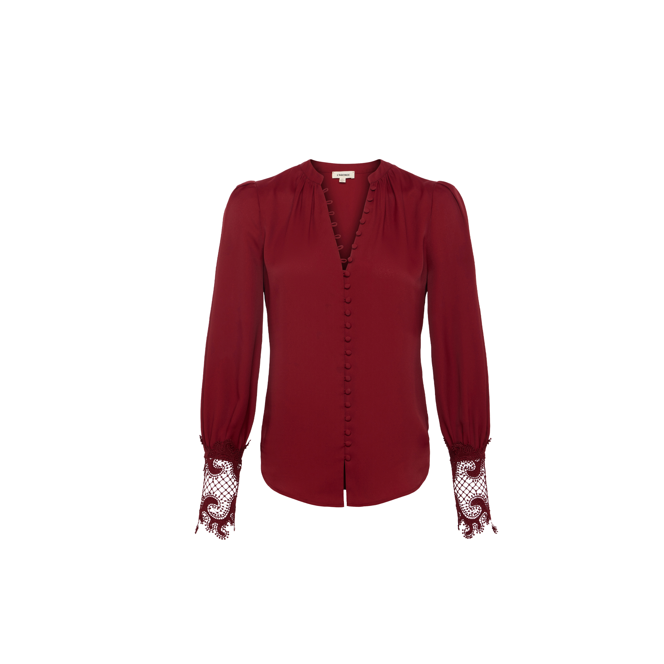 The Ava Blouse is a long-sleeve, deep red, vintage-inspired top featuring fabric-covered buttons down the front and guipure lace detailing at the cuffs, shown against a plain white background.