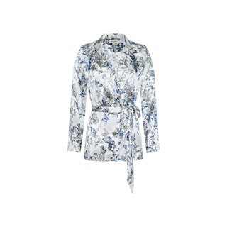 The Ciara Silk Robe Top is a long-sleeve, white belted blouse adorned with a blue and gray floral print, crafted from luxurious silk charmeuse and shown on a plain white background.