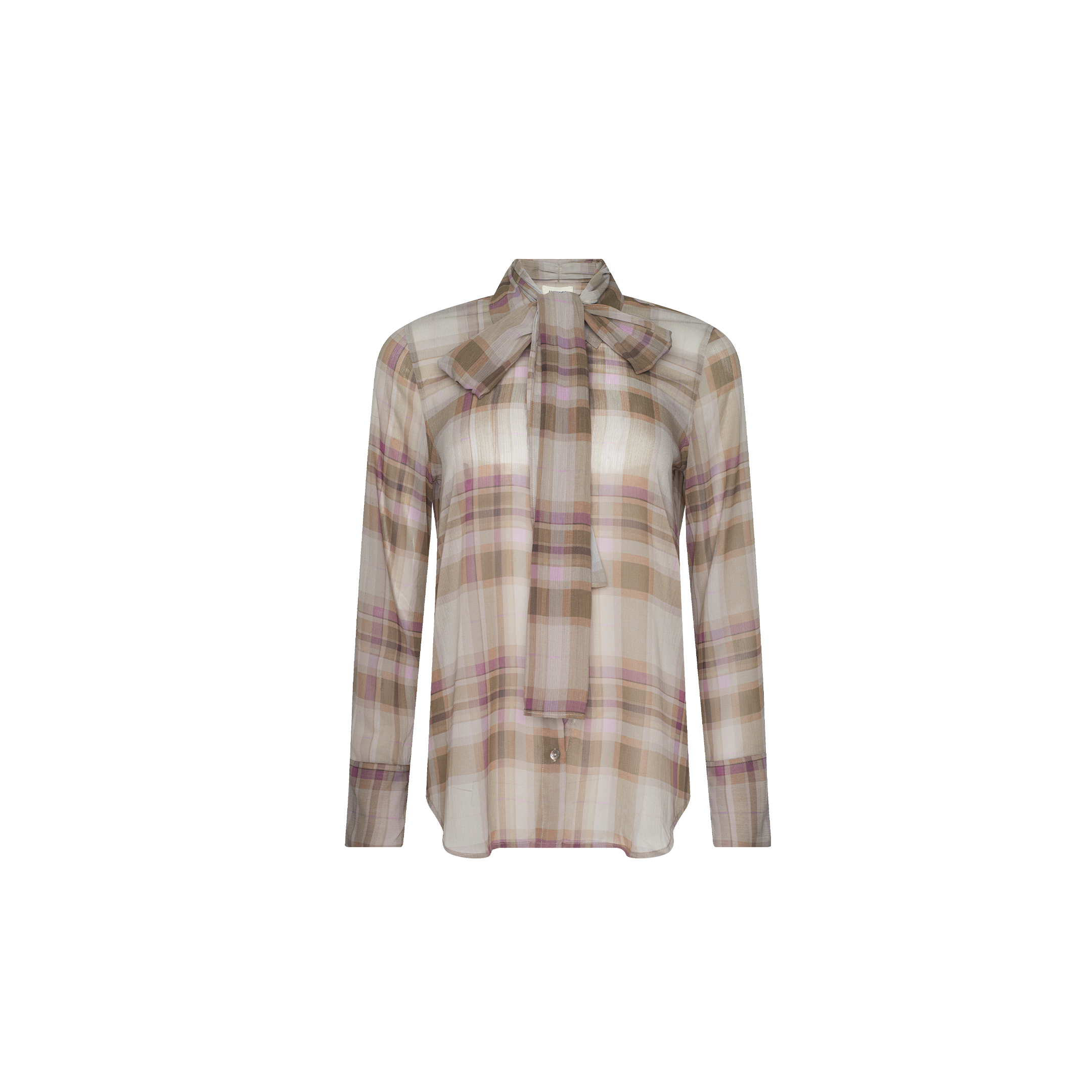 Basil Blouse: Sheer long-sleeve top in pink, beige, and brown plaid with a pussy-bow necktie, inspired by Paris Fashion Week. Shown against a plain white background.