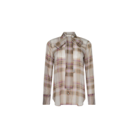 Basil Blouse: Sheer long-sleeve top in pink, beige, and brown plaid with a pussy-bow necktie, inspired by Paris Fashion Week. Shown against a plain white background.