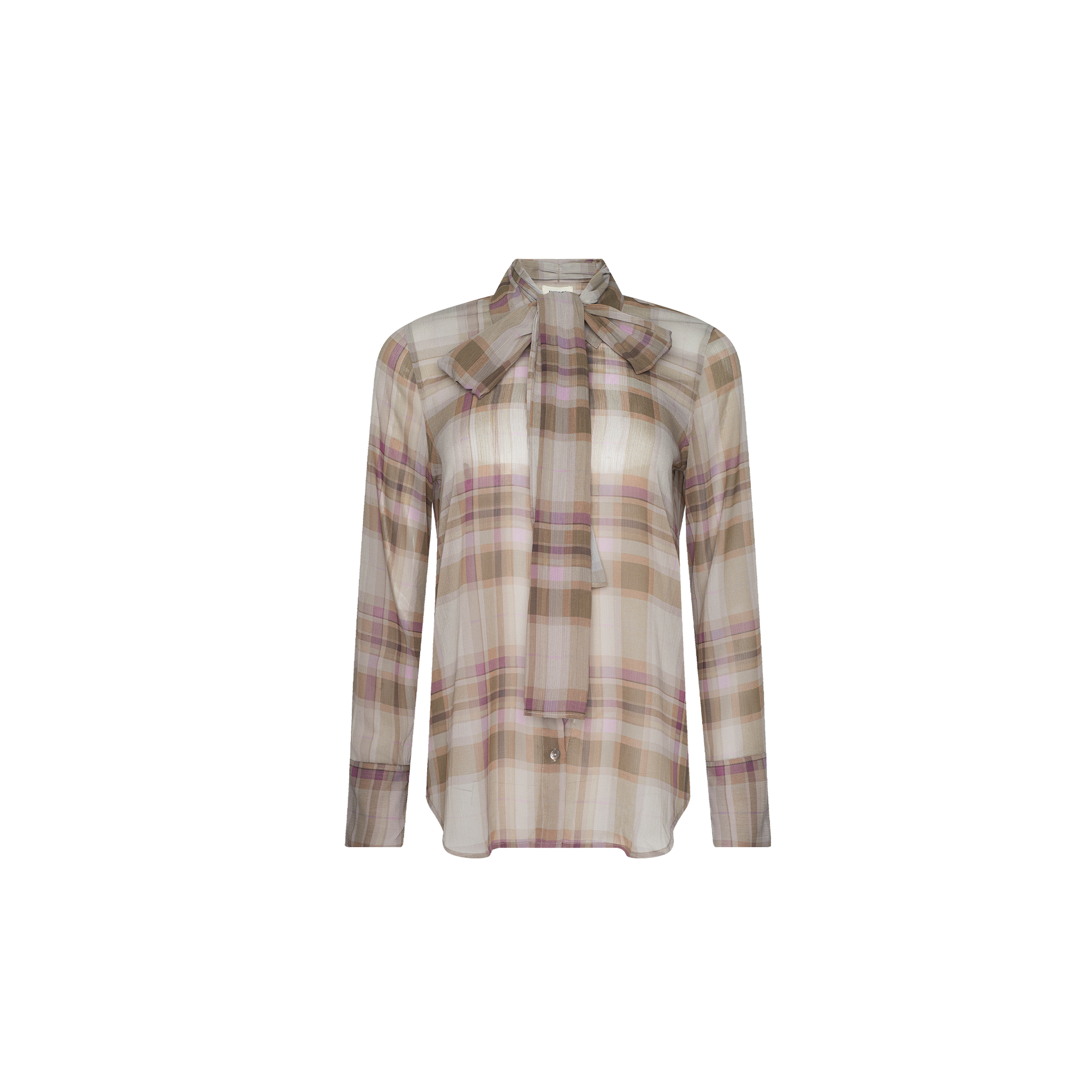Basil Blouse: Sheer long-sleeve top in pink, beige, and brown plaid with a pussy-bow necktie, inspired by Paris Fashion Week. Shown against a plain white background.