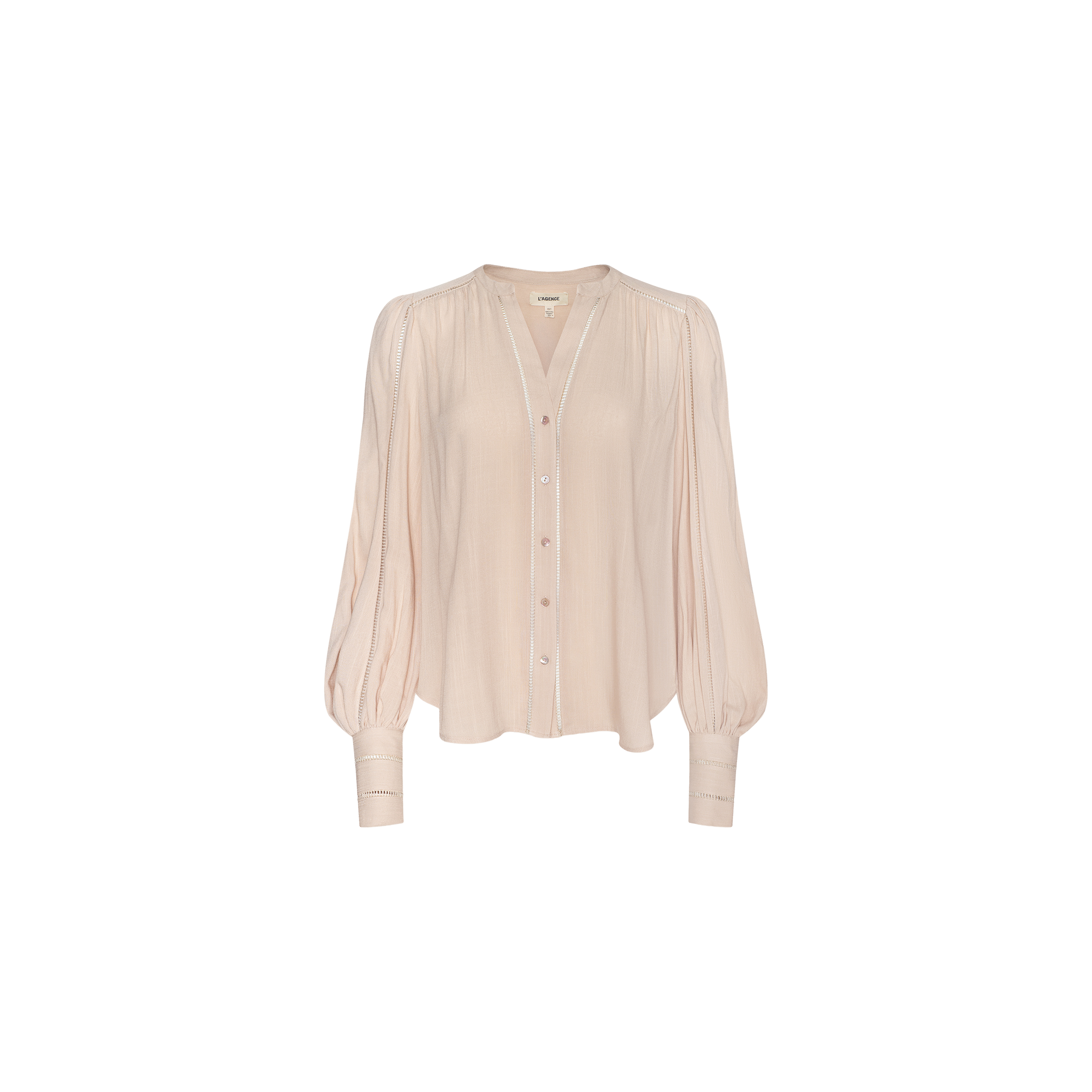 The Kiera Blouse is a light pink bohemian top featuring a V-neckline, button-down front, gathered shoulders, and wide blouson sleeves crafted from textured rayon, shown against a plain white background.