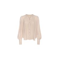 The Kiera Blouse is a light pink bohemian top featuring a V-neckline, button-down front, gathered shoulders, and wide blouson sleeves crafted from textured rayon, shown against a plain white background.