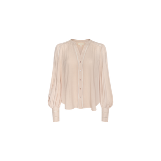 The Kiera Blouse is a light pink, long-sleeve bohemian top featuring a V-neckline, button-down front, pleated fabric, and wide cuffs adorned with geometric trim, shown against a plain white background.