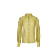 The Jayleen Blouse is a sheer yellow, long-sleeved button-up with a pointed collar and wide cuffs, inspired by Paris Fashion Week Spring 2027, shown on a plain white background.