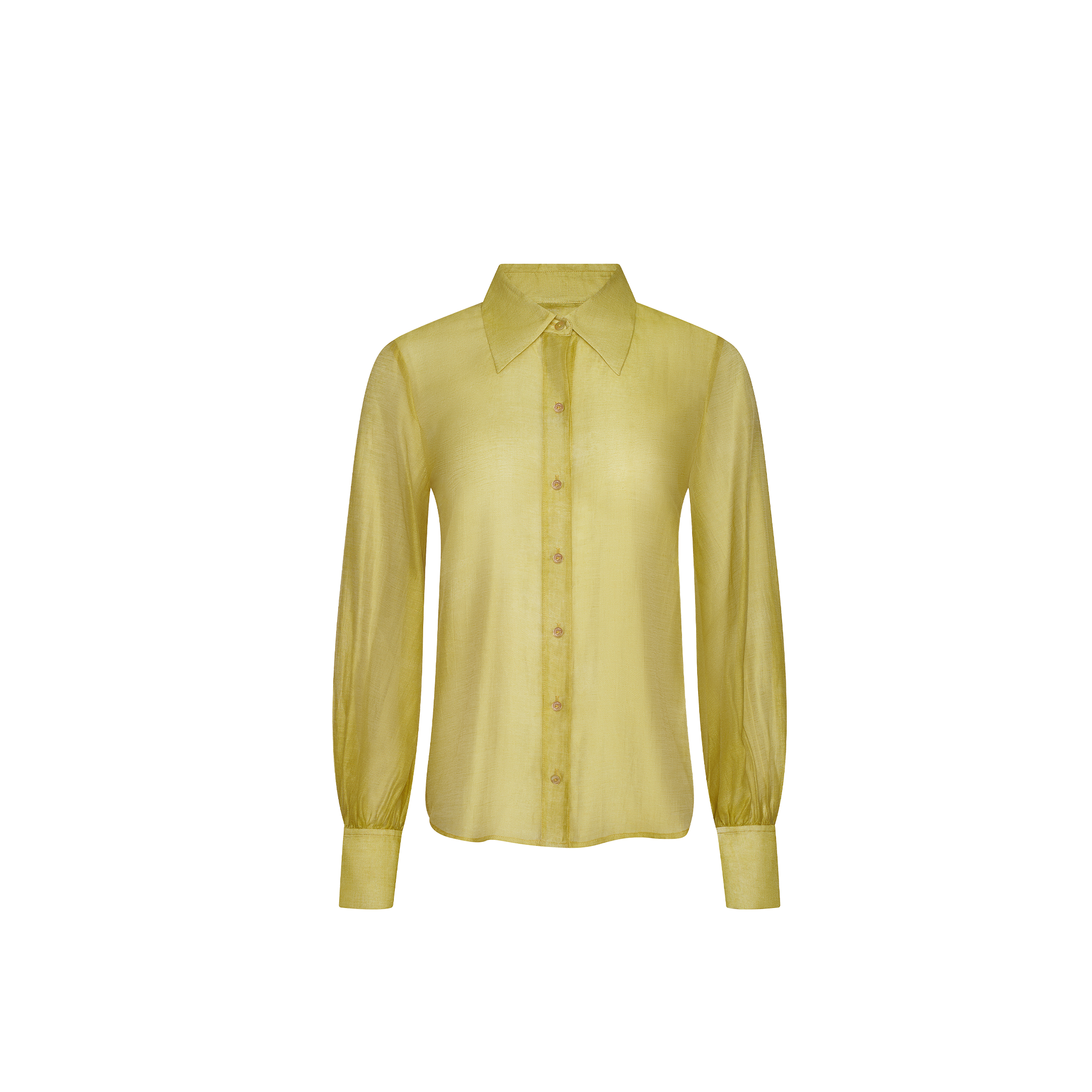 The Jayleen Blouse is a sheer yellow, long-sleeved button-up with a pointed collar and wide cuffs, inspired by Paris Fashion Week Spring 2027, shown on a plain white background.