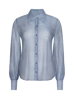 The Jayleen Blouse is a light blue, long-sleeve chiffon button-down with a pointed collar and blouson sleeves, crafted from sheer, lightweight fabric. It’s shown against a plain white background.