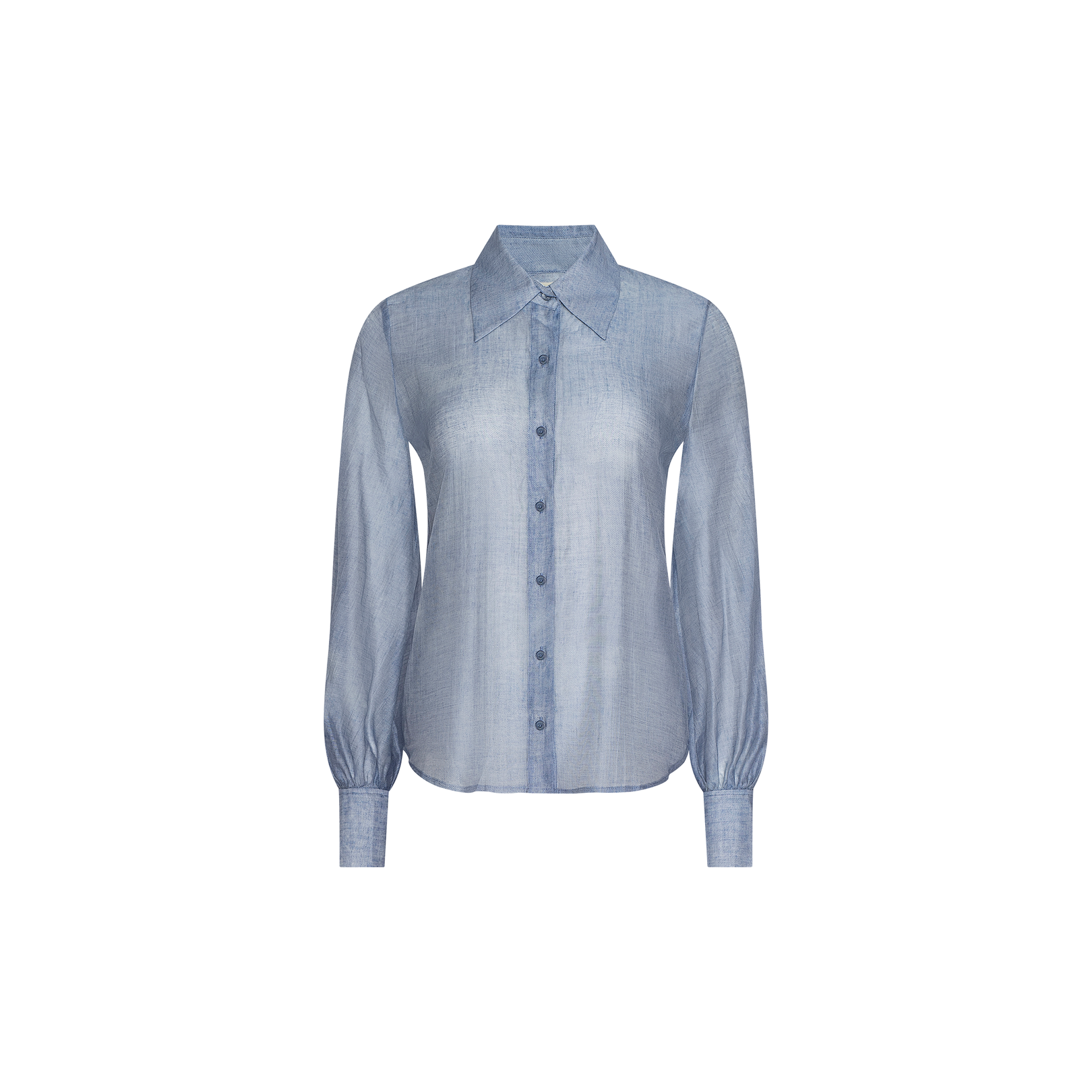 The Jayleen Blouse is a light blue, sheer chiffon top featuring blouson long sleeves, a pointed collar, and a button-down front with cuffed sleeves, shown on a plain white background.