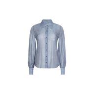 The Jayleen Blouse is a light blue, sheer chiffon top featuring blouson long sleeves, a pointed collar, and a button-down front with cuffed sleeves, shown on a plain white background.
