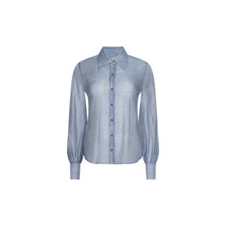 The Jayleen Blouse is a light blue, sheer chiffon top featuring blouson long sleeves, a pointed collar, and a button-down front with cuffed sleeves, shown on a plain white background.