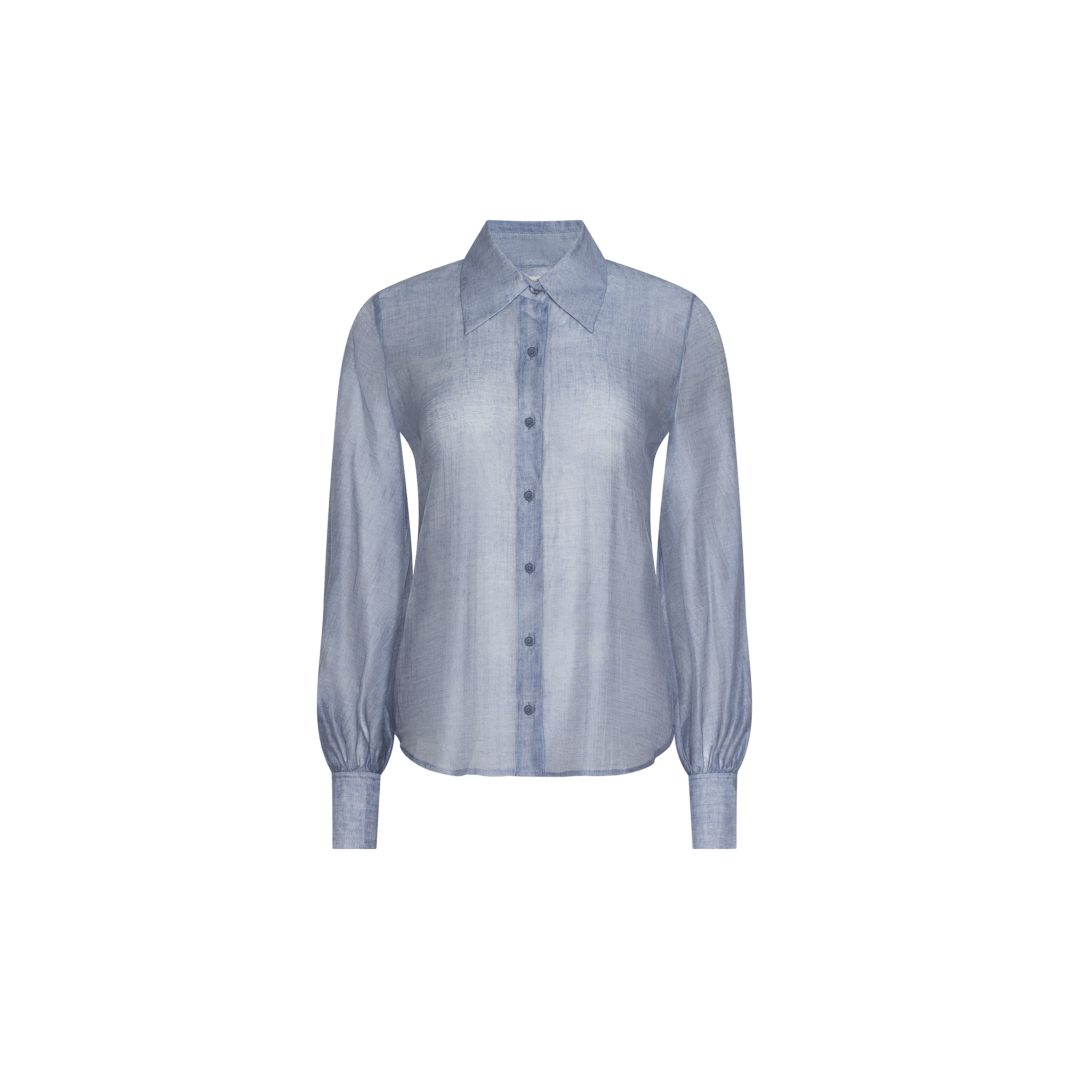 The Jayleen Blouse is a light blue, sheer chiffon top featuring blouson long sleeves, a pointed collar, and a button-down front with cuffed sleeves, shown on a plain white background.