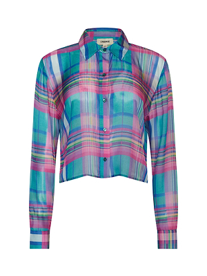 The Cosette Plaid Shirt is a cropped, long-sleeve button-down with a collar, featuring vibrant blue, purple, pink, and green plaid in semi-sheer viscose chiffon for a modern look.