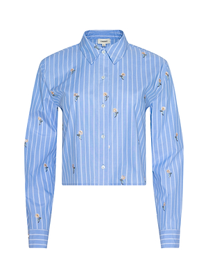 The Cosette Sequined Shirt is a light blue, long-sleeved poplin shirt featuring white vertical stripes and small embroidered floral accents.
