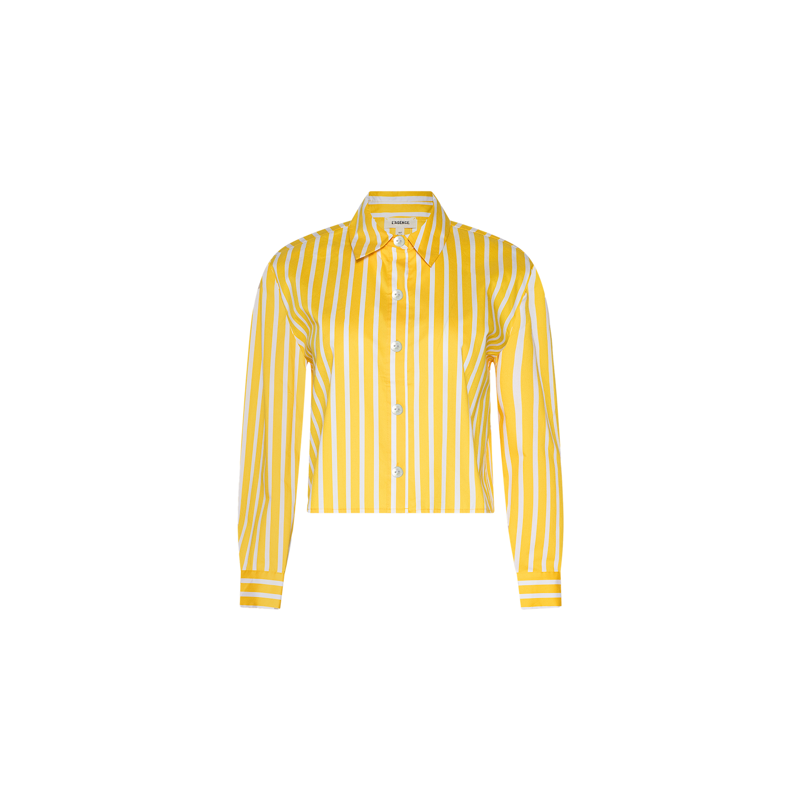 The Cosette Shirt is a yellow and white vertically striped, long-sleeve, button-up tailored shirt with a collar and a cropped high-low hem, displayed on a plain white background.
