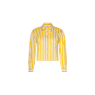 The Cosette Shirt is a yellow and white vertically striped tailored shirt, crafted from organic cotton, featuring long sleeves, a classic collar, and a button-up front. Displayed on a plain white background.