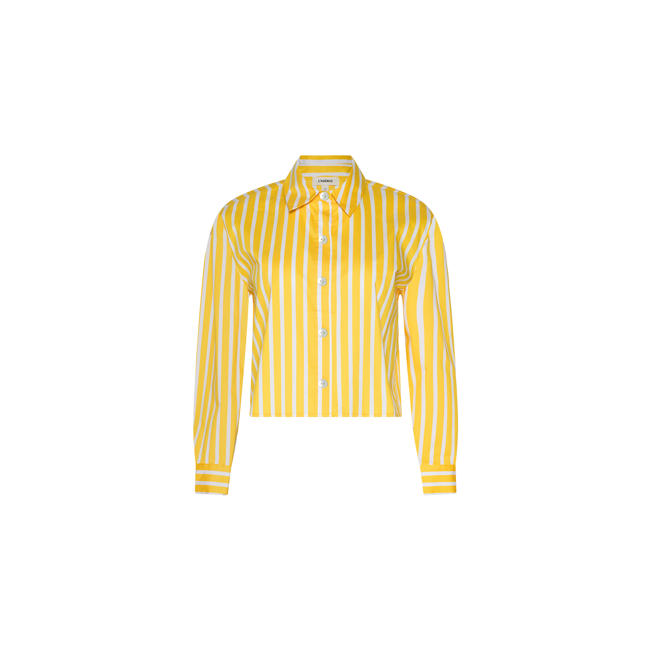 The Cosette Shirt is a yellow and white vertically striped tailored shirt, crafted from organic cotton, featuring long sleeves, a classic collar, and a button-up front. Displayed on a plain white background.