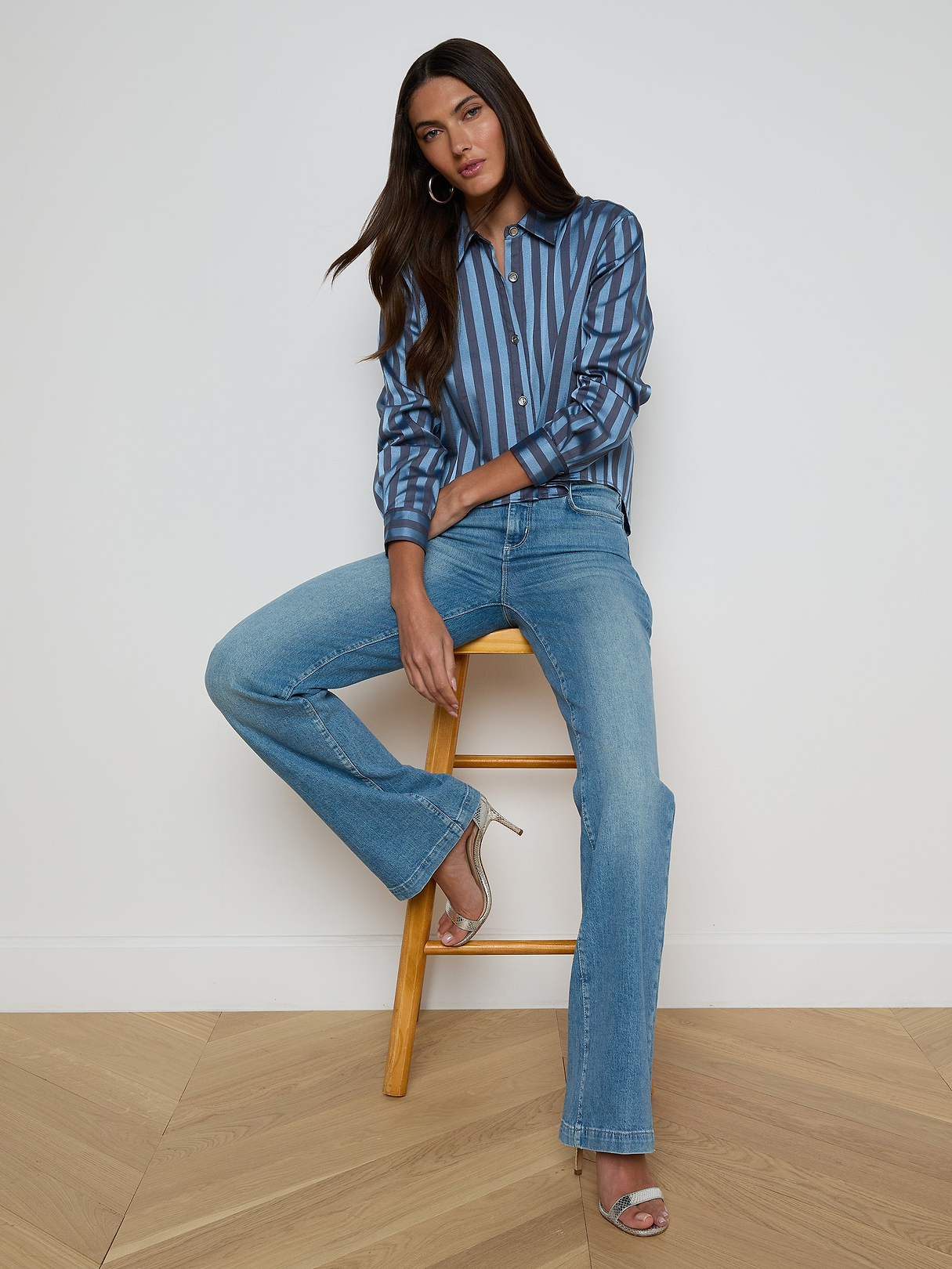 Cosette Satin Shirt in Blue Multi Stripe | L'AGENCE