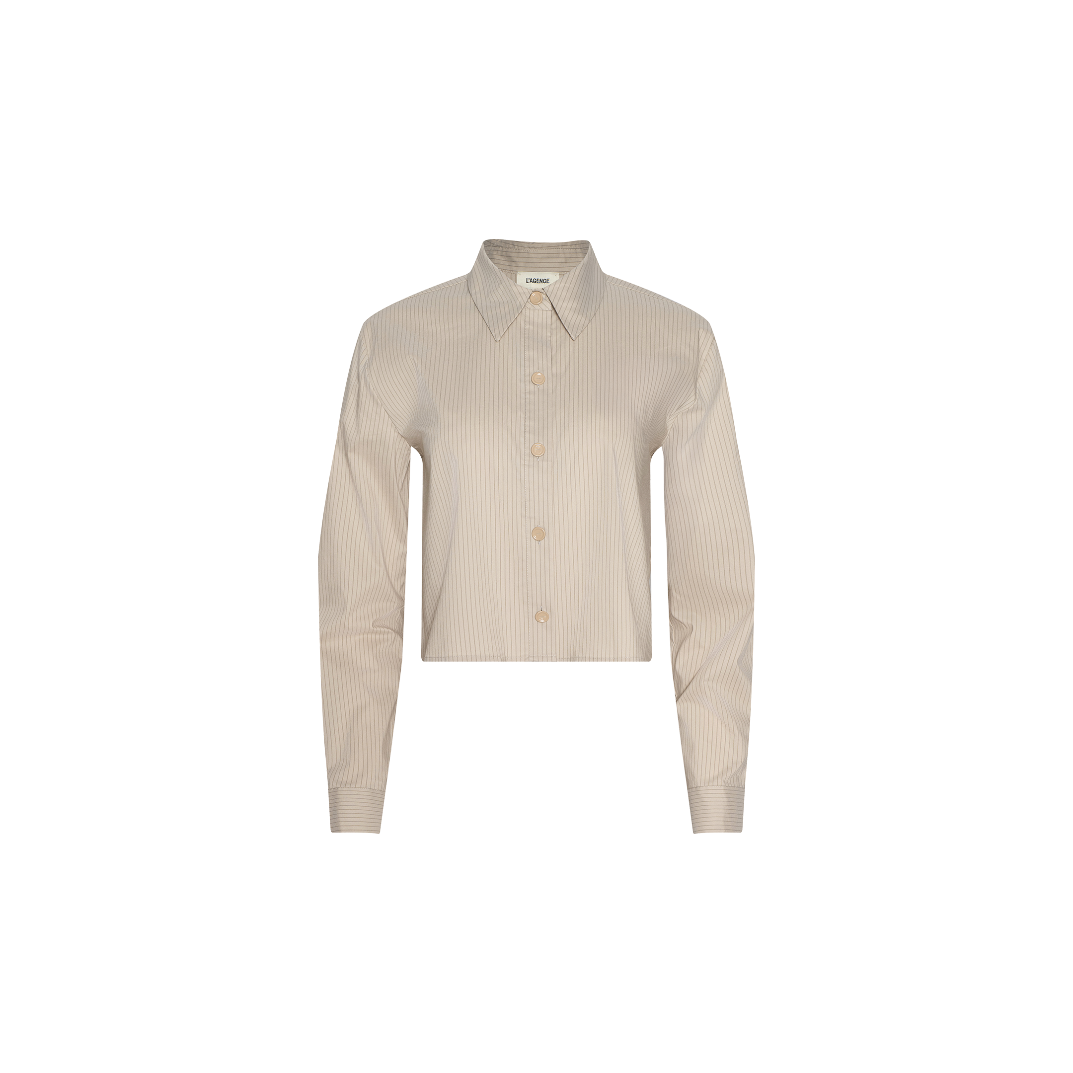 The Cosette Shirt is a beige, long-sleeve collared tailored shirt featuring subtle pinstripes, cropped at the waist with a high-low hem, displayed on a plain white background.