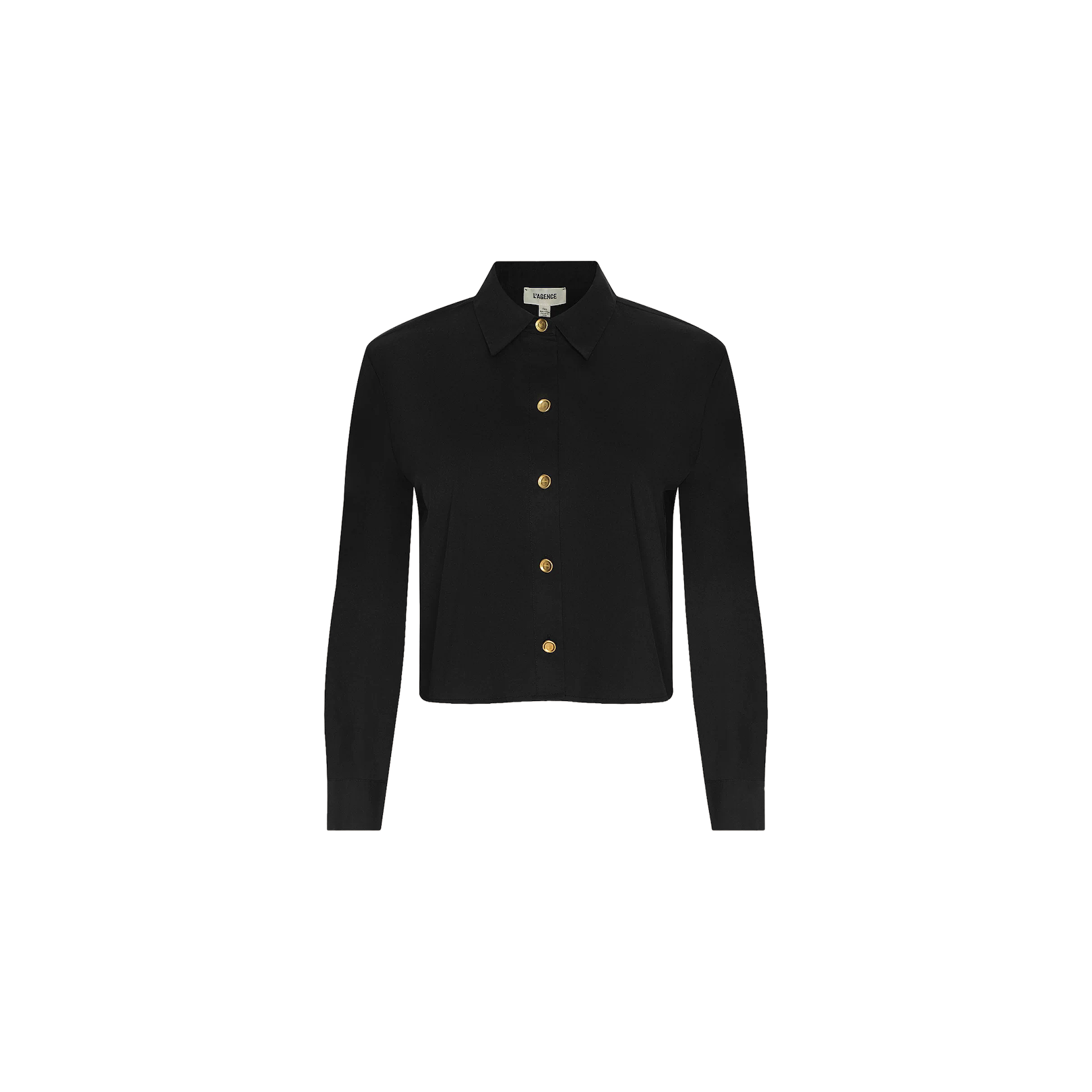 The Cosette Shirt, a black long-sleeve, collared tailored shirt featuring gold buttons and crafted from organic cotton, is displayed on a plain white background.