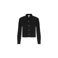 The Cosette Shirt is a black long-sleeve collared tailored shirt with gold buttons down the front, crafted from organic cotton and displayed on a plain white background.
