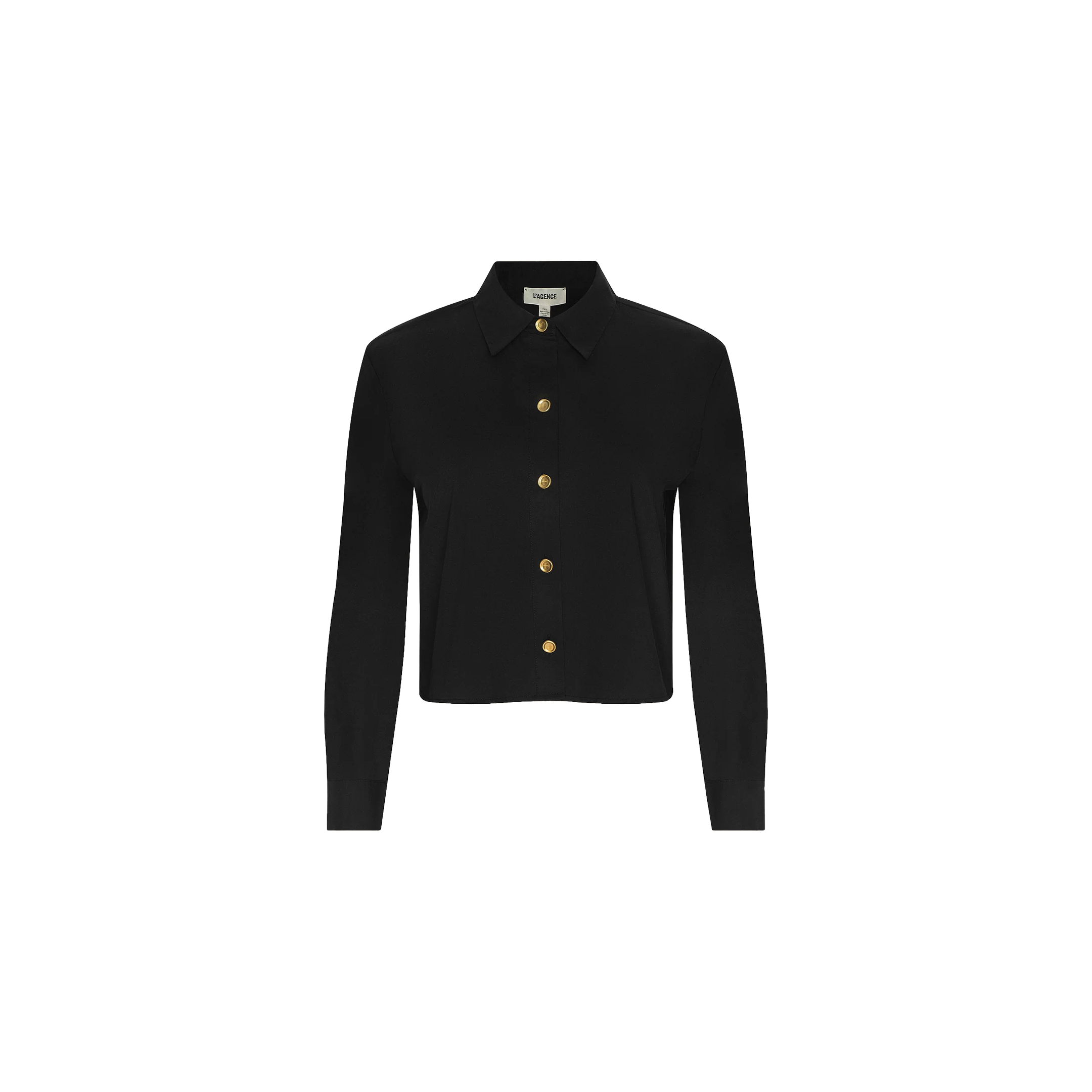 The Cosette Shirt is a black long-sleeve collared tailored shirt with gold buttons down the front, crafted from organic cotton and displayed on a plain white background.