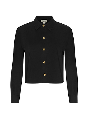 The Cosette Shirt is a black, tailored, long-sleeve shirt with a collar, cropped hem, and gold front buttons, shown against a plain white background.
