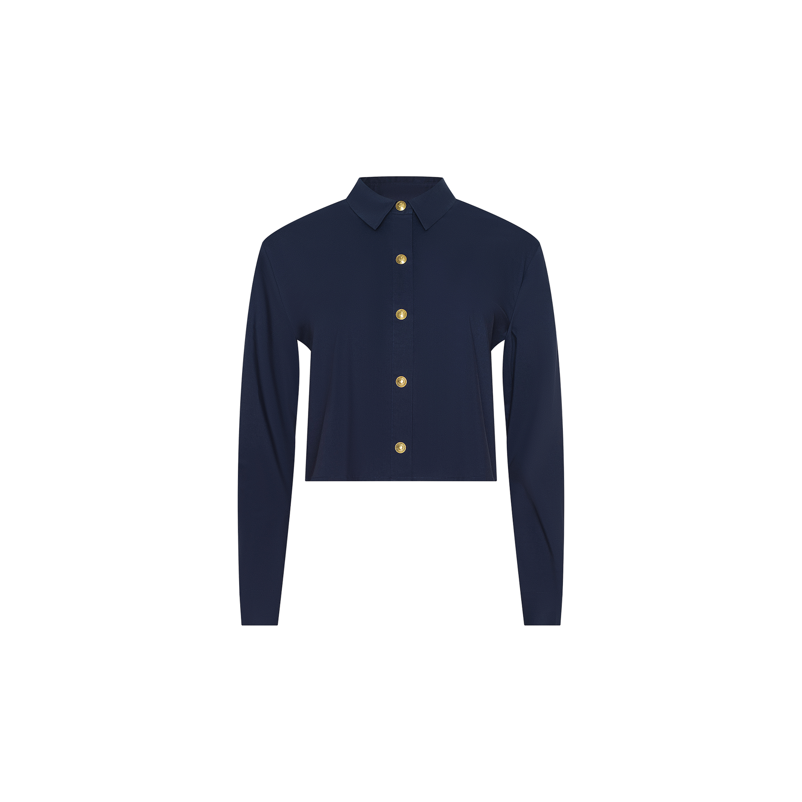 The Cosette Shirt, featuring a navy blue color, long sleeves, a collared neckline, and gold buttons, is displayed on a plain white background.