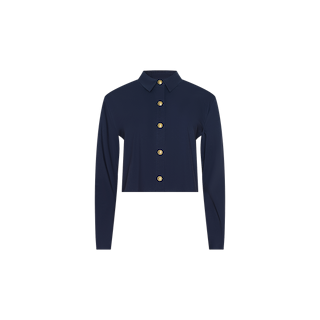 The Cosette Shirt, featuring a navy blue color, long sleeves, a collared neckline, and gold buttons, is displayed on a plain white background.