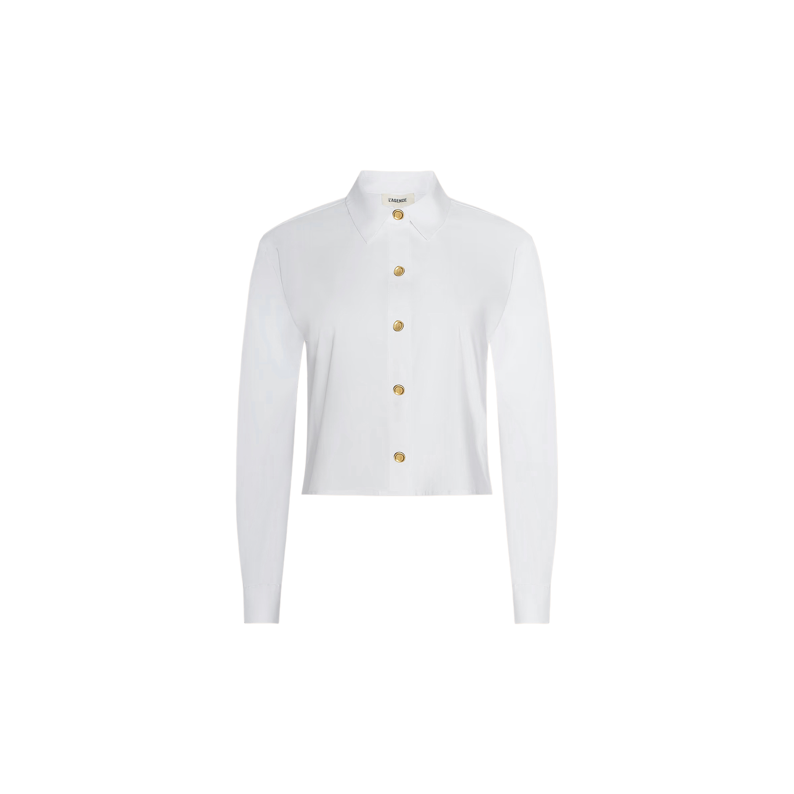 The Cosette Shirt is a white, long-sleeve collared poplin shirt featuring gold buttons down the front. Crafted from organic cotton, it is displayed on a plain white background.