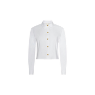 The Cosette Shirt is a long-sleeve, white poplin shirt featuring a collar and gold buttons, showcased on a plain white background.