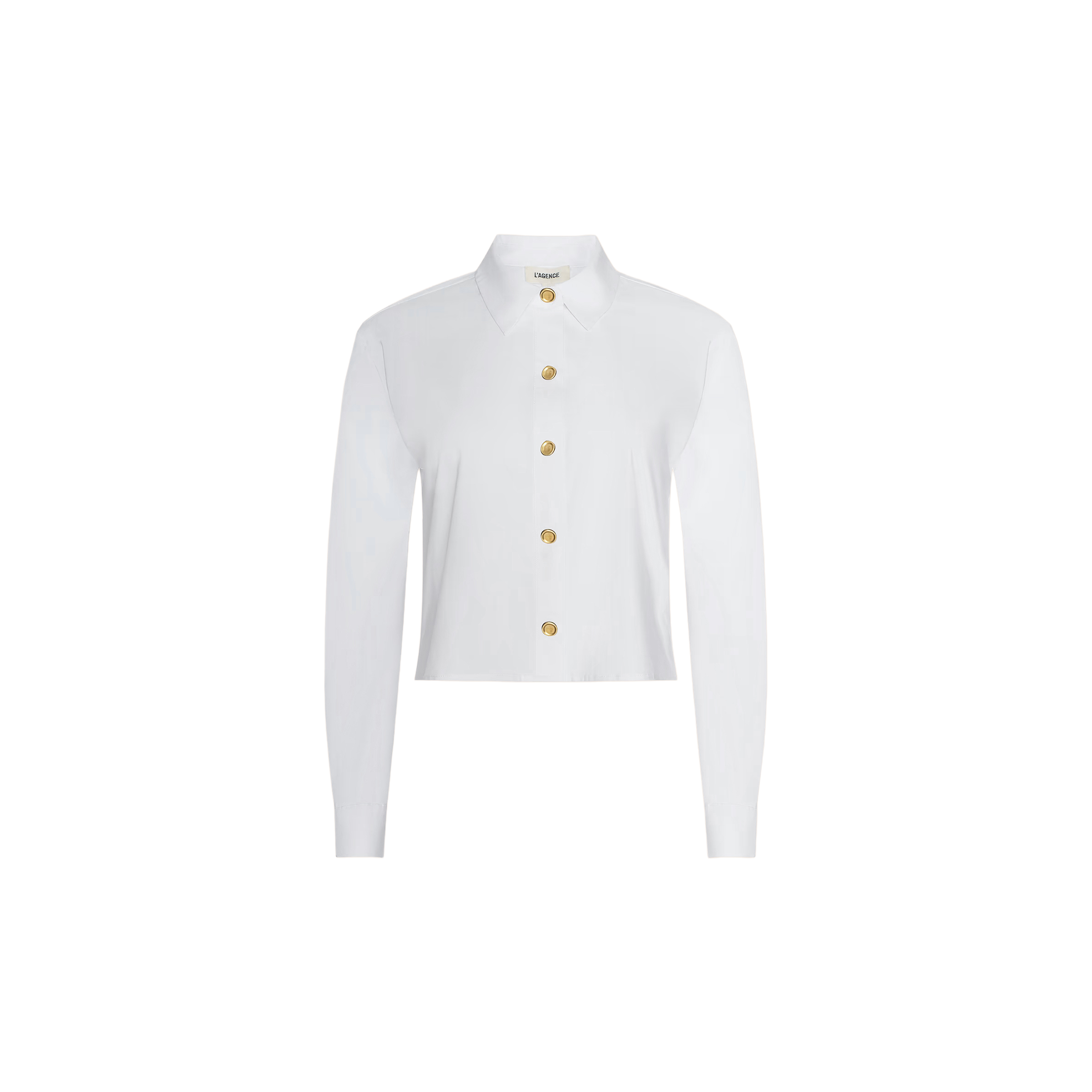 The Cosette Shirt is a long-sleeve, white poplin shirt featuring a collar and gold buttons, showcased on a plain white background.