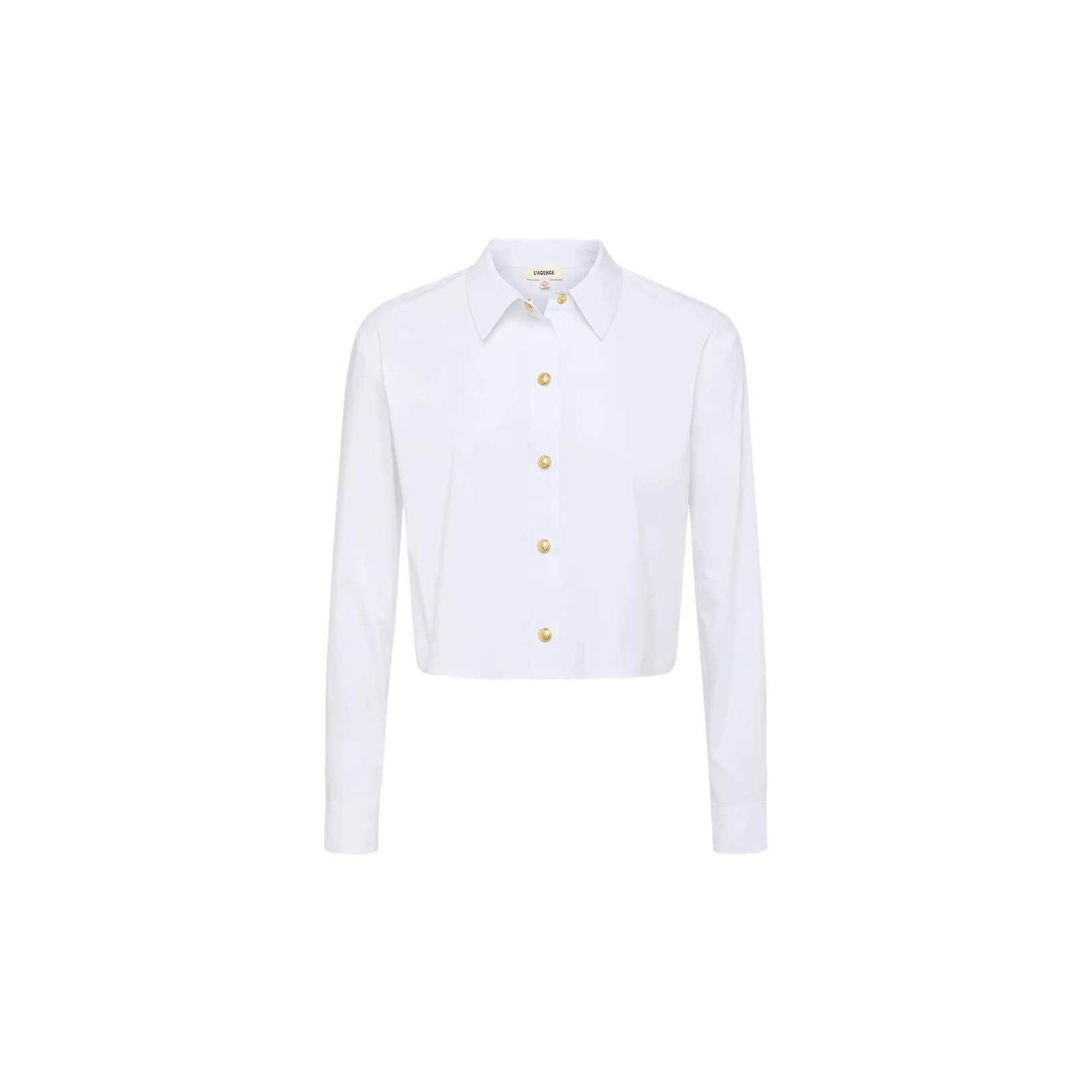 The Cosette Shirt is a tailored, long-sleeve, collared button-up crafted from organic cotton with gold buttons, shown against a plain white background.