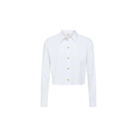 The Cosette Shirt is a tailored, long-sleeve, collared button-up crafted from organic cotton with gold buttons, shown against a plain white background.