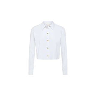 The Cosette Shirt is a tailored, long-sleeve, collared button-up crafted from organic cotton with gold buttons, shown against a plain white background.