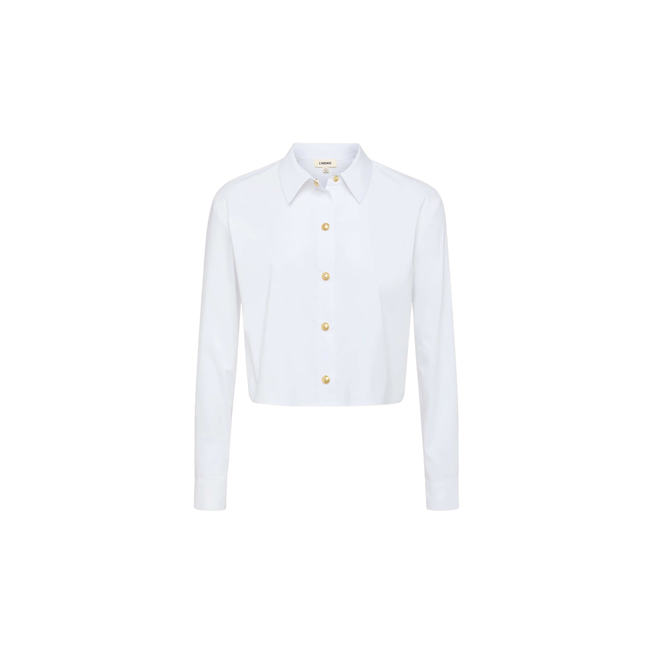 The Cosette Shirt is a tailored, long-sleeve, collared button-up crafted from organic cotton with gold buttons, shown against a plain white background.