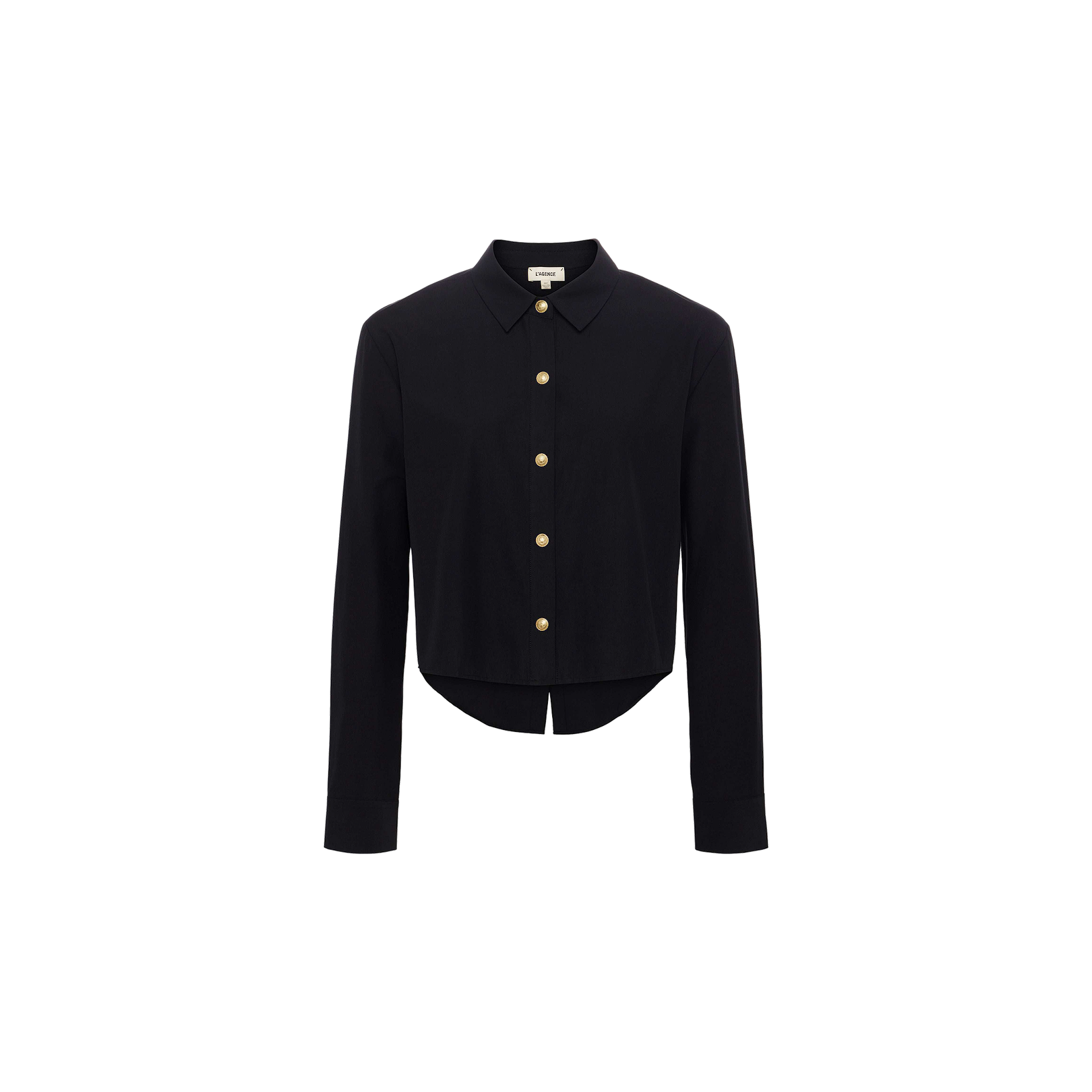 The Cosette Shirt is a black, long-sleeve button-up tailored shirt with a collar and gold buttons, crafted from a stretch cotton-blend fabric, displayed on a plain white background.