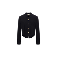 The Cosette Shirt is a black, long-sleeve collared tailored shirt with gold buttons, crafted from a stretch cotton-blend fabric and featuring a cropped length, displayed on a plain white background.